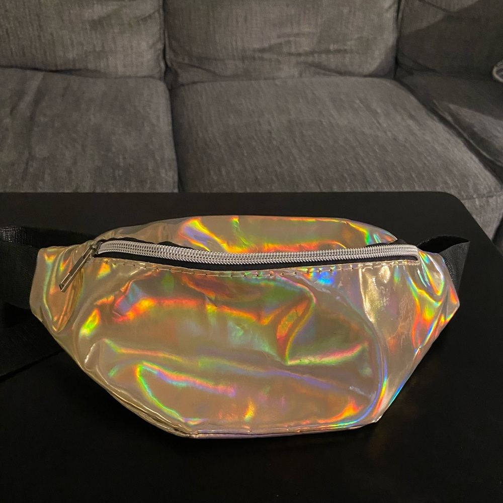 Gold Iridescent Holographic Adjustable Strap Fashion Fanny Pack Waist Belt Bag